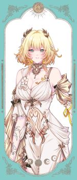 1girl aglaea_(honkai:_star_rail) blonde_hair bow breasts chest_tattoo cleavage clothing_cutout commentary_request detached_sleeves dress floral_print flower frills greco-roman_clothes hair_flower hair_ornament highres honkai:_star_rail honkai_(series) jewelry large_breasts laurel_crown looking_at_viewer medium_hair necklace pomemaru_pome ribbon shoulder_cutout smile tattoo thigh_strap white_flower