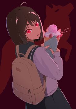 antenna_hair backpack bag black_hair blue_sailor_collar blue_skirt crepe food fruit highres ice_cream_crepe long_sleeves osanai_yuki pleated_skirt red_background red_eyes sailor_collar school_uniform serafuku shoushimin_series skirt strawberry winter_uniform wolf yasuba_yuichi