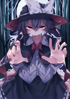 1girl absurdres alternate_eye_color bamboo bamboo_forest black_capelet black_hair black_skirt blush bow bowtie capelet collared_shirt dress_shirt fang forest frilled_skirt frills highres long_sleeves looking_at_viewer moon muraryo nature night night_sky open_mouth reaching reaching_towards_viewer red_bow red_bowtie red_eyes red_nails shirt skirt sky sleeve_cuffs solo star_(sky) test_of_courage touhou usami_renko white_shirt