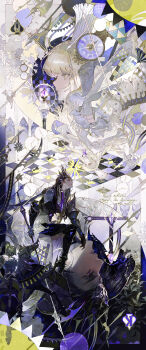 Rule 34 | 2girls, absurdres, animal, armor, artist name, blonde hair, blunt bangs, board game, boots, brown hair, chess piece, clock, closed mouth, colored eyelashes, commission, crown, dark skin, dress, earrings, eteru, expressionless, eyelashes, gauntlets, gem, hair ornament, helmet, highres, holding, holding polearm, holding weapon, hoop earrings, horse, horseback riding, incredibly absurdres, jewelry, lips, long hair, long sleeves, looking at another, looking up, mihuashi commission, multiple girls, multiple views, original, parted lips, pearl (gemstone), polearm, profile, purple eyes, purple gem, riding, shoulder armor, sword, thigh boots, upside-down, very long hair, watermark, weapon, white boots, white dress, yellow eyes, yuri