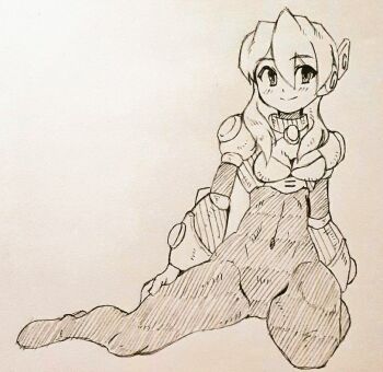 1girl alia_(mega_man) android anonymous_artist blush bodysuit breasts joints looking_at_viewer medium_hair mega_man_(series) monochrome navel simple_background sitting sketch skin_tight smile solo tagme thigh_gap thighs