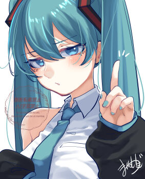 1girl absurdres bare_shoulders blue_eyes blue_hair blue_necktie blue_trim blush breasts closed_mouth collared_shirt commentary_request detached_sleeves hair_between_eyes hatsune_miku highres index_finger_raised long_hair looking_at_viewer mai_mugi medium_breasts necktie shirt signature simple_background sleeveless sleeveless_shirt solo twintails twitter_username upper_body very_long_hair vocaloid watermark white_background white_shirt