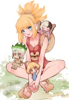 2boys 2girls asagiri_gen black_hair blonde_hair blue_eyes blush breasts chibi commentary_request dr._stone dress full_body green_hair high_ponytail highres holding indian_style ishigami_senkuu kohaku_(dr._stone) long_hair looking_at_viewer mini_person miniboy multicolored_hair multiple_boys multiple_girls ninomae_gin open_mouth ponytail red_dress rope rope_belt sandals short_hair sitting smile split-color_hair suika_(dr.stone) two-tone_hair weapon white_hair