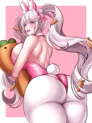 Rule 34 | 1girl, alice (nikke), alice (wonderland bunny) (nikke), alternate costume, ass, ass focus, bare shoulders, blush, breast press, breasts, carrot, chantatou-hwi, from behind, goddess of victory: nikke, hug, huge ass, hugging object, large breasts, leotard, long hair, looking at viewer, looking back, open mouth, pantyhose, pillow, pillow hug, pink eyes, playboy bunny, rabbit ears, rabbit tail, sideboob, smile, solo, tail, thick thighs, thighs, twintails, very long hair, white hair