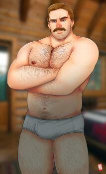 1boy bara beard_stubble blue_eyes blurry blurry_background briefs brown_hair bulge cabin chest_hair crossed_arms doctor_anfelo facial_hair highres indoors jim_hopper leg_hair male_underwear mature_male muscular muscular_male mustache navel stranger_things stubble underwear underwear_only white_male_underwear