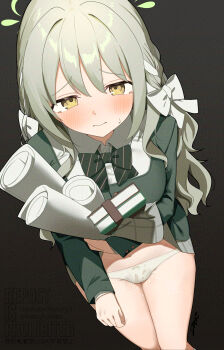 1girl absurdres adversarial_noise akinoji_(akiponpon27) blue_archive blush bow commentary_request cum cum_in_clothes cum_in_panties halo highres long_hair miyo_(blue_archive) panties solo underwear watermark