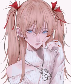 1girl absurdres blue_eyes bracelet closed_mouth commentary eyelashes grey_background hair_ribbon heart heart_necklace highres jewelry lips long_hair looking_at_viewer mano_aaa nail_polish necklace neon_genesis_evangelion orange_hair ornate_ring portrait red_nails red_ribbon ribbon ring single_bare_shoulder sleeves_past_wrists solo souryuu_asuka_langley sweater torn_clothes torn_sweater turtleneck turtleneck_sweater two_side_up white_sweater