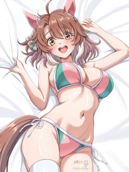 1girl animal_ears bikini blush breasts brown_hair commentary_request dantsu_flame_(umamusume) ear_covers hair_between_eyes highres horse_ears horse_girl horse_tail large_breasts looking_at_viewer lying medium_hair navel on_back open_mouth pink_bikini solo stomach swimsuit tail teeth tsukiyuki_mike umamusume upper_teeth_only yellow_eyes