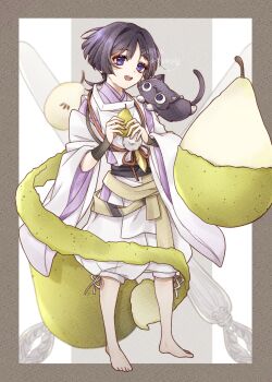 Rule 34 | 1boy, absurdres, animal, animal on shoulder, animalization, barefoot, black bow, black cat, black hair, black sash, blunt ends, border, bow, brown border, brown sash, cat, cat on shoulder, clothing cutout, dated, eyelashes, eyeliner, eyeshadow, feathers, food, fruit, fruit background, full body, genshin impact, hair intakes, highres, hip vent, holding, holding food, holding fruit, japanese clothes, kariginu, kimono, layered sleeves, makeup, open mouth, pants, parted bangs, pear, person and animalization, pom pom (clothes), purple eyes, purple kimono, purple sleeves, red eyeliner, red eyeshadow, sash, scaramouche (cat) (genshin impact), scaramouche (genshin impact), scaramouche (kabukimono) (genshin impact), shoulder cutout, side cutout, signature, solo, standing, string, tareme, teeth, toes, upper teeth only, white pants, white sleeves, wide sleeves, wispy bangs, yellow feathers, yuzuko to love