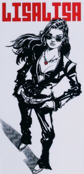 1girl alternate_costume araki_hirohiko battle_tendency breasts cleavage earrings hands_in_pockets highres jewelry jojo_no_kimyou_na_bouken lisa_lisa long_hair looking_at_viewer official_art red_stone_of_aja solo sunglasses tanaka_atsuko voice_actor_connection