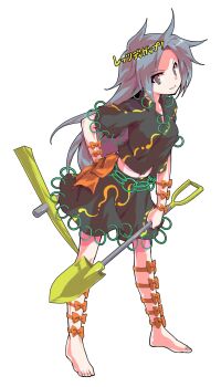 1girl alphes_(style) arm_bow arm_strap barefoot black_shirt black_skirt bow breasts collarbone collared_shirt commentary_request dairi full_body grey_eyes grey_hair highres himemushi_momoyo holding holding_pickaxe holding_shovel jewelry large_variant_set long_hair looking_at_viewer midriff multiple_arm_straps multiple_thigh_straps orange_bow parody parted_lips pickaxe ring shirt shovel simple_background skirt skirt_set small_breasts smile solo standing style_parody tachi-e thigh_bow touhou translation_request transparent_background variant_set very_long_hair