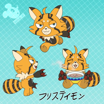 blue_eyes claws digimon digimon_(creature) looking_at_viewer pristimon rafattouille_art sitting tea