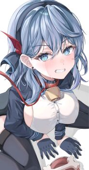 Rule 34 | 1girl, 2024, 81q7bvjempsb6yb, ako (blue archive), angry, animal collar, bell, between legs, black gloves, black hairband, black jacket, black thighhighs, blue archive, blue eyes, blush, bowl, breasts, buttons, clenched teeth, collar, commentary, covered erect nipples, cowbell, dated commentary, earrings, embarrassed, eyelashes, feet out of frame, from above, gloves, hair behind ear, hair between eyes, hair ribbon, hairband, half gloves, hand between legs, highres, jacket, jewelry, large breasts, leash, long sleeves, looking at viewer, medium hair, neck bell, pet bowl, pov, red ribbon, ribbon, shirt, sideboob, simple background, sitting, sleeveless, sleeveless shirt, solo, stud earrings, sweat, teeth, thighhighs, tsurime, upturned eyes, v-shaped eyebrows, viewer holding leash, wariza, white background, white shirt