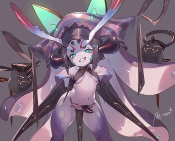 1girl belly breasts character_request colored_skin covered_erect_nipples disgaea disgaea_6 green_eyes grey_background grin headgear highres monster_girl plump purple_skin sharp_teeth shell shiny_skin signature simple_background small_breasts smile so-taro solo standing teeth tentacles tera_star thick_thighs thighs video_game