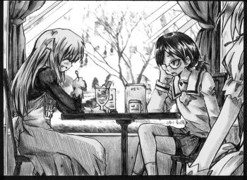 00s behoimi bike_shorts chair fang food glasses greyscale hair_ribbon long_hair media_(pani_poni) monochrome pani_poni_dash! parfait ponytail restaurant ribbon school_uniform shimahiro socks table