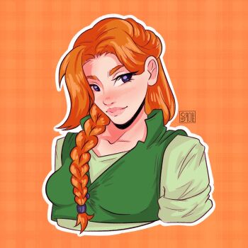 1girl artist_name blue_eyes braid green_shirt highres leah_(stardew_valley) lipstick long_hair looking_at_viewer makeup orange_background orange_hair shirt simple_background siropeart solo stardew_valley upper_body