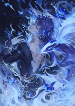 1boy blue_butterfly blue_fire bone bug butterfly evee_(bingumon) fire flins_(genshin_impact) genshin_impact hand_up highres insect long_sleeves multicolored_hair solo sparkle watermark yellow_eyes