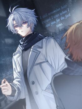 2boys alternate_costume antenna_hair blonde_hair blue_eyes blue_scarf chinese_commentary coat commentary_request gradient_hair grey_sweater highres holding holding_jewelry holding_ring honkai:_star_rail honkai_(series) jewelry layered_sleeves long_sleeves male_focus multicolored_hair multiple_boys mydei_(honkai:_star_rail) night open_clothes open_coat parted_bangs parted_lips phainon_(honkai:_star_rail) queshi62228 red_hair ring scarf short_hair sky star_(sky) starry_sky sweater white_coat white_hair yellow_eyes