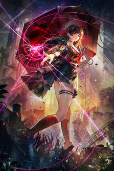 Rule 34 | 1girl, arm cutout, black hair, black jacket, black serafuku, black shirt, black skirt, black socks, breasts, chisa (wuthering waves), chromatic aberration, clothing cutout, commentary, evening, from side, hair ribbon, highres, holding, holding umbrella, jacket, long hair, long sleeves, looking at viewer, looking back, medium breasts, neckerchief, outdoors, parted lips, red eyes, red neckerchief, red ribbon, red umbrella, ribbon, sailor collar, school uniform, serafuku, shirt, skirt, socks, solo, tacet mark (wuthering waves), thigh strap, thighs, turbulence, umbrella, white sailor collar, wuthering waves