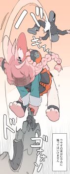 1boy 1girl absurdres animal_ear_fluff animal_ear_piercing animal_ears animal_feet barefoot black_dress black_jacket black_pants blue_shirt braid commentary dress furry furry_female furry_with_non-furry grey_hair hair_ornament highres interspecies jacket long_hair long_sleeves pants pinafore_dress pink_hair possummachine rabbit_ears rabbit_girl shirt short_hair sleeveless sleeveless_dress sound_effects speech_bubble sphere_hair_ornament thought_bubble translation_request twin_braids veiny_face very_short_hair wise_(zenless_zone_zero) zenless_zone_zero zhao_(zenless_zone_zero)