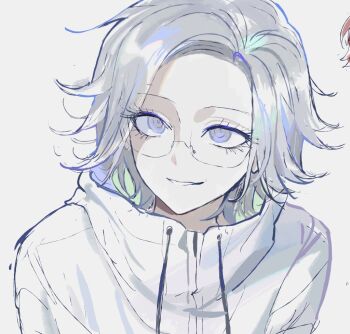 1boy aotsuki_eito commentary_request drawstring glasses grey_hair grin hsh7955 jacket korean_commentary looking_at_viewer male_focus purple_eyes short_hair smile solo the_hundred_line_-last_defense_academy- upper_body upturned_eyes white_background white_jacket