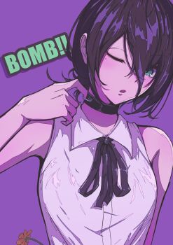 1girl absurdres black_choker black_hair black_ribbon breasts chainsaw_man choker collared_shirt commentary_request double-parted_bangs green_eyes grenade_pin hair_between_eyes hand_up highres karan_koron100 looking_at_viewer neck_ribbon one_eye_closed open_mouth purple_background reze_(chainsaw_man) ribbon shirt short_hair simple_background sleeveless sleeveless_shirt solo upper_body white_shirt