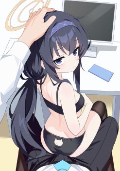 1boy 1girl absurdres bags_under_eyes bare_arms bare_back bare_shoulders black_bra black_hair black_panties black_pants black_thighhighs blue_archive blue_necktie bra cat_cutout chair closed_mouth clothing_cutout commentary crossed_bangs floor from_behind hair_between_eyes hairband halo headpat highres jitome just_monika light_blush long_hair long_sidelocks looking_at_viewer looking_back monitor necktie panties pants pov purple_eyes purple_hairband raised_inner_eyebrows shirt sidelocks sitting table thighhighs ui_(blue_archive) underwear very_long_hair white_shirt yellow_halo