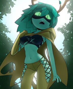 1girl absurdres adventure_time breasts cape colored_sclera colored_skin forest gloves green_eyes green_sclera green_skin highres horns huntress_wizard inker_comics leaf long_hair medium_breasts nature open_mouth plant_hair sharp_teeth single_glove solo teeth thighs torn_clothes