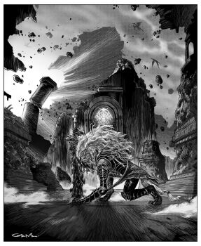 1other armor border crumbling dragon elden_ring from_side full_armor furry furry_male gauntlets gene_(wol_enegue) greyscale helmet highres long_hair maliketh_the_black_blade miura_kentarou_(style) monochrome on_one_knee planted planted_sword planted_weapon ruins signature sword weapon white_border