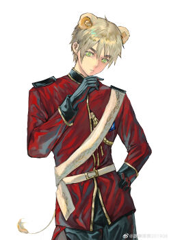 1boy absurdres aiguillette animal_ears axis_powers_hetalia blonde_hair chinese_commentary commentary_request cowboy_shot gloves green_eyes guzhang_baobiao201908 hand_on_own_hip highres jacket kemonomimi_mode lion_boy lion_ears lion_tail long_sleeves male_focus military_jacket military_uniform red_jacket sash short_hair simple_background solo tail thick_eyebrows united_kingdom_(hetalia) watermark weibo_watermark white_background white_sash