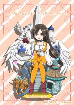 1girl anniversary bird black_choker bodysuit boots breasts brown_eyes brown_hair castle character_name choker commentary_request copyright_name crystal final_fantasy final_fantasy_ix full_body garnet_til_alexandros_xvii gloves hair_between_eyes hair_ornament hairclip highres jewelry juliet_sleeves long_hair long_sleeves low-tied_long_hair medium_breasts megu1214 orange_bodysuit parted_bangs pendant puffy_sleeves red_boots red_gloves shirt sitting solo thigh_strap twitter_username white_shirt