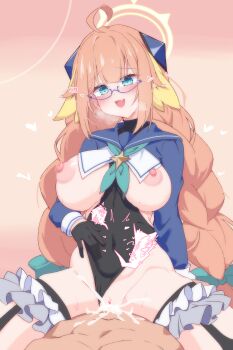 1boy 1girl absurdres ahoge black_gloves black_leotard blue_archive blue_eyes blue_shrug blush braid breasts clothed_sex clothing_aside commentary_request covered_navel cowgirl_position cum cum_overflow feather_hair glasses gloves halo heart hetero highres kazahari_kazuho large_breasts leotard leotard_aside long_hair nipples official_alternate_costume orange_hair pink_background sex shimiko_(blue_archive) shimiko_(magical)_(blue_archive) shrug_(clothing) straddling thighs twin_braids vaginal very_long_hair yellow_halo