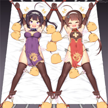 +++ 2girls =_= @_@ ^_^ afterimage ahoge animal armpits arms_up artist_name asymmetrical_legwear azur_lane bare_shoulders bdsm bird black_eyes black_gloves black_hair black_legwear black_panties blank_eyes blush blush_stickers bondage bound bound_ankles bound_wrists breasts breasts_apart brown_hair brush china_dress chinese_clothes cleavage_cutout closed_eyes clothing_cutout collar covered_navel dragon_print dress elbow_gloves feathers female_focus from_above full_body gloves hair_ornament hair_rings hairband half-closed_eyes holding holding_brush holding_feather holding_hands huoji_(wonderturkey) interlocked_fingers laughing long_hair lying manjuu_(azur_lane) medium_breasts mismatched_legwear motion_lines multiple_girls ning_hai_(azur_lane) nose_blush o-ring o-ring_bottom o-ring_panties on_back on_bed open_mouth outstretched_arms panties pelvic_curtain ping_hai_(azur_lane) purple_dress purple_eyes raised_eyebrows red_dress rope see-through_clothes side-tie_panties side_slit sidelocks signature skindentation sleeveless sleeveless_dress small_breasts smile spread_eagle_position spread_legs string_panties symmetry tears thighhighs tickling tickling_armpits tickling_feet tickling_legs tickling_sides twintails underwear white_background white_hairband white_panties wide-eyed