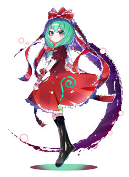 1girl absurdres arm_ribbon black_boots boots bow dress frilled_dress frills front_ponytail full_body green_eyes green_hair hair_bow hair_ribbon highres kagiyama_hina looking_at_viewer red_bow red_dress red_ribbon ribbon sia_6767 simple_background solo touhou white_background
