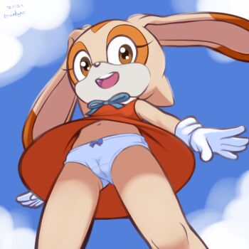 1girl 2025 20s animal animal_ears blue_bow blue_ribbon bow bow_panties brown_eyes cameltoe cloud cream_the_rabbit crotch_seam drantyno dress flat_chest from_below furry gloves loli navel neck_ribbon open_mouth orange_dress panties rabbit rabbit_ears rabbit_girl ribbon sega sky sleeveless sleeveless_dress smile sonic_(series) standing teeth underwear upskirt white_gloves white_panties