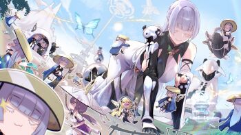 4girls :3 abhaya_mudra absurdres armored_bodysuit blonde_hair blue_sky body_chain bodysuit breasts bug butterfly chibi clone closed_mouth colored_eyelashes commentary_request day detached_sleeves fly fune_(fune83ojj) goddess_(nikke) goddess_of_victory:_nikke grey_hair hat highres hime_cut horns huge_breasts insect jewelry jingasa large_breasts long_hair mechanical_arms mechanical_hands mechanical_horns multicolored_bodysuit multiple_girls nayuta_(nikke) nun open_mouth pioneer_(nikke) rapunzel_(nikke) scarlet_(nikke) sideboob single_mechanical_arm single_mechanical_hand sky snow_white_(nikke) split-color_clothes staff sun thick_eyelashes two-tone_bodysuit very_long_hair visor_lift whale white_eyelashes white_hair wide_sleeves