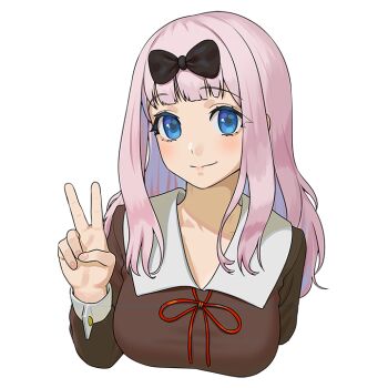 1girl black_bow black_dress blue_eyes blunt_bangs bow breasts carlo_montie closed_mouth commission cropped_torso dress fujiwara_chika hair_bow hashtag-only_commentary kaguya-sama_wa_kokurasetai_~tensai-tachi_no_renai_zunousen~ large_breasts long_hair long_sleeves looking_at_viewer neck_ribbon pink_hair red_ribbon ribbon school_uniform shuuchiin_academy_school_uniform simple_background solo v white_background winter_uniform