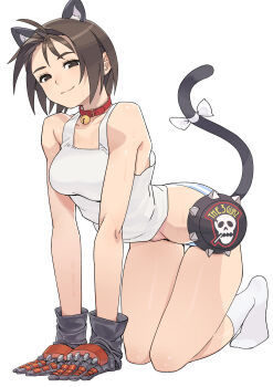 Rule 34 | 1girl, absurdres, ahoge, animal ears, black hair, breasts, brown eyes, brown hair, cat ears, cat tail, gloves, highres, justice gakuen, kazama akira, looking at viewer, medium breasts, oshiri seijin, panties, short hair, simple background, smile, solo, striped clothes, striped panties, tail, underwear