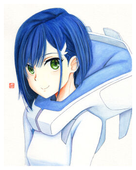 Rule 34 | 1girl, artist name, blue hair, bob cut, bodysuit, border, breasts, c:, closed mouth, commentary, darling in the franxx, green eyes, hair between eyes, hair ornament, hairclip, hood, hood down, ichigo (darling in the franxx), inverted bob, looking at viewer, looking to the side, loose hair strand, mecha pilot suit, painting (medium), parasite suit (darling in the franxx), short hair, signature, simple background, single sidelock, small breasts, smile, solo, traditional media, upper body, watercolor (medium), white background, white bodysuit, white border, y takeshinu wan