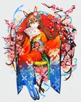 1girl absurdres anime_expo black_sash brown_hair character_request cherry_blossoms closed_mouth commentary commentary_request crossed_bangs double-parted_bangs english_commentary flower folding_fan full_body furisode green_eyes hair_between_eyes hair_flower hair_ornament hand_fan highres holding holding_fan japanese_clothes kanzashi kimono long_hair long_sleeves looking_at_viewer low_twintails mika_pikazo mixed-language_commentary official_art okobo paper_fan platform_sandals print_kimono sandals sash sitting smile solo tabi tsumami_kanzashi twintails very_long_hair wide_sleeves