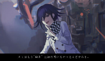 1boy :d absurdres checkered_neckerchief danganronpa_(series) danganronpa_v3:_killing_harmony fu_ga_(vivi912912) grey_jacket hair_between_eyes hand_up highres index_finger_raised jacket long_sleeves machine male_focus neckerchief oma_kokichi open_mouth purple_hair smile solo translation_request