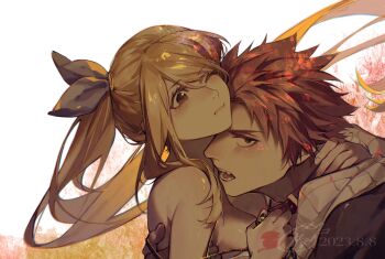 Rule 34 | 1boy, 1girl, bare arms, bare shoulders, biting, biting own lip, black camisole, black coat, black eyes, blonde hair, blue ribbon, breasts, brown eyes, camisole, chain, cleavage, clothes grab, coat, collar, collar grab, colored skin, commentary, dated, fairy tail, fairy tail logo, hair ribbon, hand tattoo, hetero, highres, hug, long hair, looking at another, looking at viewer, lucy heartfilia, natsu dragneel, neck biting, neckwear grab, one eye closed, pink hair, ponytail, red collar, ribbon, scarf, sharp teeth, short hair, simple background, tattoo, teeth, two-tone background, white background, white scarf, white skin, xuchuan
