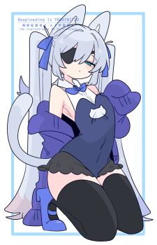 1boy :/ animal_ear_fluff animal_ears bare_shoulders black_leotard black_thighhighs blue_bow blue_bowtie blue_cardigan blue_eyes blue_hair blue_shoes bow bowtie bulge cardigan cat_boy cat_ears cat_tail closed_mouth collarbone colored_tips commentary covered_navel crossdressing crossdressing_(mtf) expressionless eyepatch flipped_hair full_body hair_between_eyes hair_bow hair_intakes hand_up high_heels highres kneeling leotard light_blush long_hair long_sleeves looking_at_viewer male_focus multicolored_hair narrowed_eyes no_nose off_shoulder one_eye_covered op_na_yarou open_cardigan open_clothes original quad_tails raised_eyebrows red_hair rigel_(op_na_yarou) shoes sidelocks simple_background sleeves_past_fingers sleeves_past_wrists solo straight_hair tail thighhighs thighs trap very_long_hair watermark white_background white_hair
