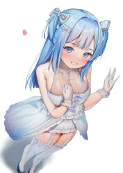 Rule 34 | 1girl, bare shoulders, blue hair, blush, breasts, cleavage, dress, frilled thighhighs, frills, from below, goddess of victory: nikke, grin, hair intakes, hair ribbon, headset, heart, jewelry, large breasts, legwear garter, light blue hair, long hair, looking at viewer, necklace, official alternate costume, pepeo, ribbon, see-through, see-through cleavage, shifty (nikke), side ponytail, smile, solo, thighhighs, thighs, waving, white background, white dress, white ribbon, white thighhighs