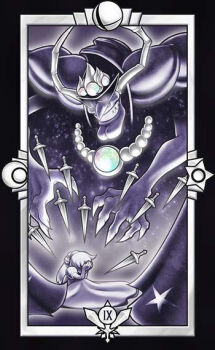 1boy 1girl bare_arms black_border border braid braided_ponytail cape card_(medium) clothes_lift covered_face crescent crown dagger double_chin dress fumu_(kirby) kirby_(series) knife limited_palette long_dress long_hair neck nightmare_(kirby) nintendo puffy_short_sleeves puffy_sleeves quas-quas short_sleeves skirt skirt_lift smash_ball star_(symbol) star_print starry_sky_print sunglasses super_smash_bros. tarot tarot_(medium) telekinesis triangular_eyewear two-sided_cape two-sided_fabric weapon