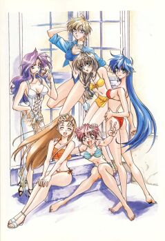 1990s_(style) arai_kiyomi arm_up arms_behind_back arms_behind_head ass bikini blue_bikini blue_eyes blue_hair closed_eyes cross-laced_clothes cross-laced_one-piece_swimsuit double_bun hair_bun hand_on_another's_shoulder hand_on_own_hip hands_on_own_knees high_heels holding holding_removed_eyewear jewelry long_hair looking_at_viewer nakamoto_shizuka navel necklace nishikawa_maki non-web_source official_art one-piece_swimsuit open_mouth orange_bikini pink_eyes pink_hair purple_eyes purple_hair red_bikini retro_artstyle sandals sarong short_hair sitting smile sotsugyou_crossworld standing strappy_heels striped_bikini striped_clothes swimsuit takagi_reiko tani_yurika unworn_eyewear v very_long_hair white_one-piece_swimsuit yasuda_maina yellow_bikini