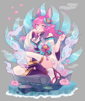 1girl absurdres ahri_(league_of_legends) animal_ears artist_name bare_shoulders blue_eyes breasts cleavage diorama dress facial_mark fingernails flower fox_ears fox_tail gradient_hair grin hand_on_own_chin highres isosceless kitsune knees_up korean_clothes kyuubi league_of_legends lily_pad long_fingernails long_hair long_sleeves lotus multicolored_hair multiple_tails ojou-sama_pose on_rock petals rock sandals short_dress sitting smile smoke solo spirit_blossom_ahri tail thighhighs thighs traditional_clothes vastaya water whisker_markings wide_sleeves zettai_ryouiki