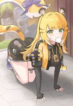 1girl absurdres all_fours animal_ear_fluff animal_ears black_gloves black_shirt black_shorts blonde_hair blue_bow blue_ribbon blue_shoes bow charm_(object) collared_shirt colored_inner_hair dot_nose elbow_gloves fingerless_gloves gloves grass green_eyes hands_on_ground high-waist_shorts highres jacket ju_fufu loli long_hair looking_at_viewer meat_bun medallion multicolored_hair orange_fur outdoors ribbon shirt shoes short_sleeves shorts socks solo striped_fur striped_hair sweatdrop syann tail tail_bow tail_ornament thigh_strap thighs tiger_ears tiger_girl tiger_stripes tiger_tail tree very_long_hair very_long_tail white_socks yellow_jacket zenless_zone_zero