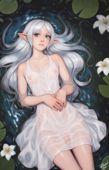 Rule 34 | 1girl, artist name, breasts, closed mouth, dress, elf, flower, frieren, futanari, green eyes, hair spread out, highres, long hair, lying, nipples, on back, on water, parted bangs, penis, personal ami, pointy ears, see-through clothes, see-through dress, signature, small breasts, solo, sousou no frieren, thick eyebrows, water, wet, wet clothes, wet dress, white dress, white flower