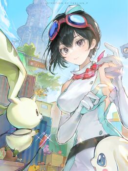 1girl absurdres agumon bare_shoulders black_hair breasts city cowboy_shot digimon digimon_(creature) digimon_story:_time_stranger dog dress funbeemon goggles goggles_on_head green_dress highres kuramon medium_breasts plotmon punimon red_scarf scarf short_hair solo_focus terriermon two-tone_dress tyumon usb white_dress yanlianp yuuki_kanan